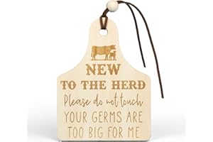 CUNCUN New to The Herd Baby Stroller Tag – Wooden Do Not Touch Sign – Cow Design Infant Car Seat Tag – Laser Engraved Baltic Birch Baby Shower