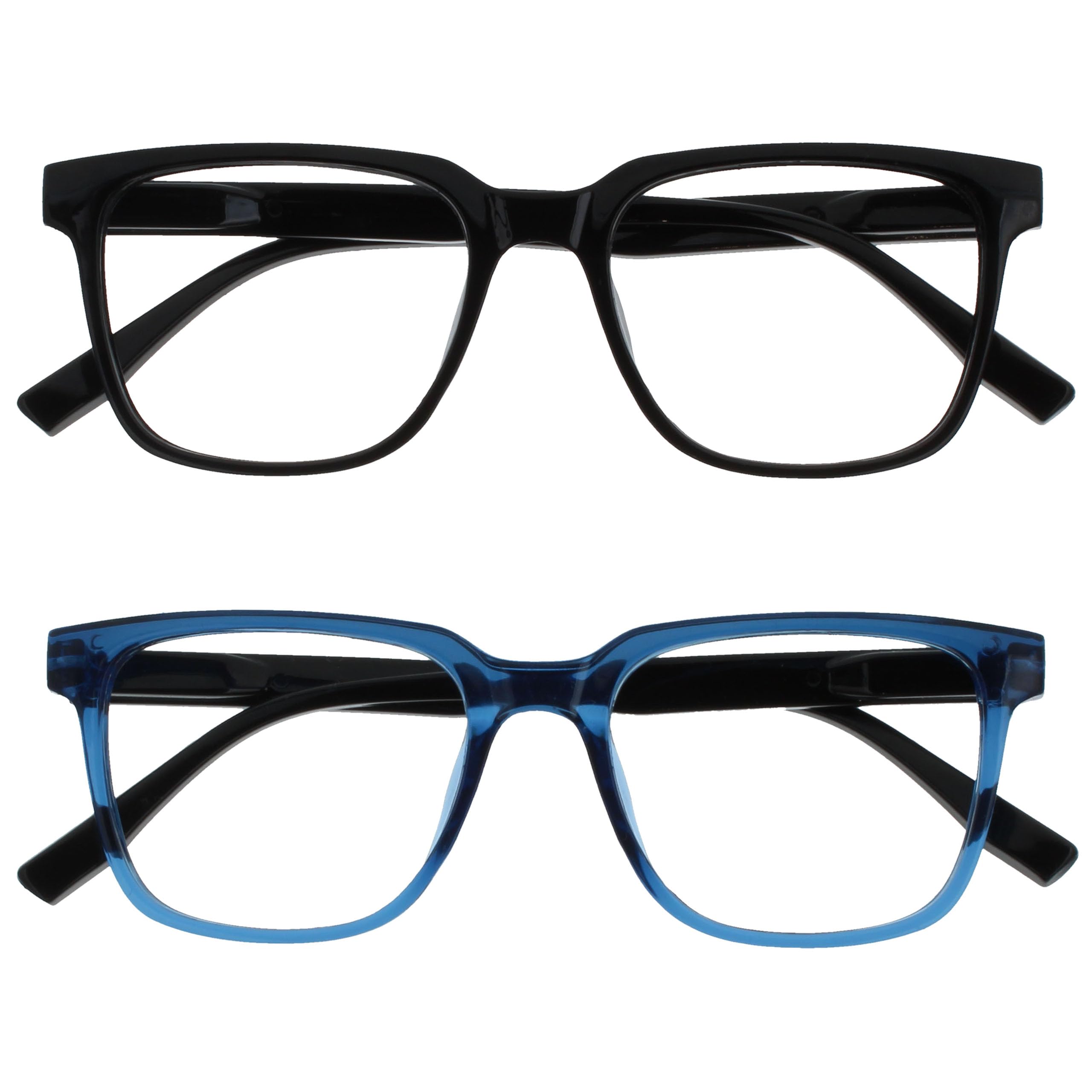 OPULIZE LEO Reading Glasses - 2 -Pack - Large Rectangular Frame - Black, Blue - Mens Womens - Spring Hinges - RR55-13 - +3.00