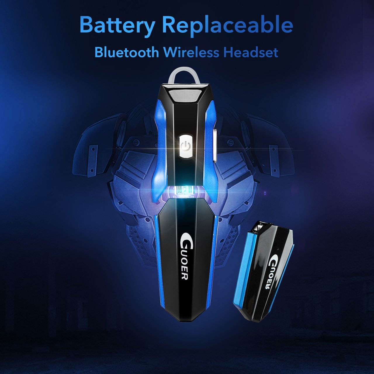 GUOER Bluetooth Headset with Backup Battery Noise Cancellation Wireless Bluetooth Earpiece With Microphone Driving Hands-free In-Ear Headphones Earbuds with an Extra Backup Battery (Black/Bule)