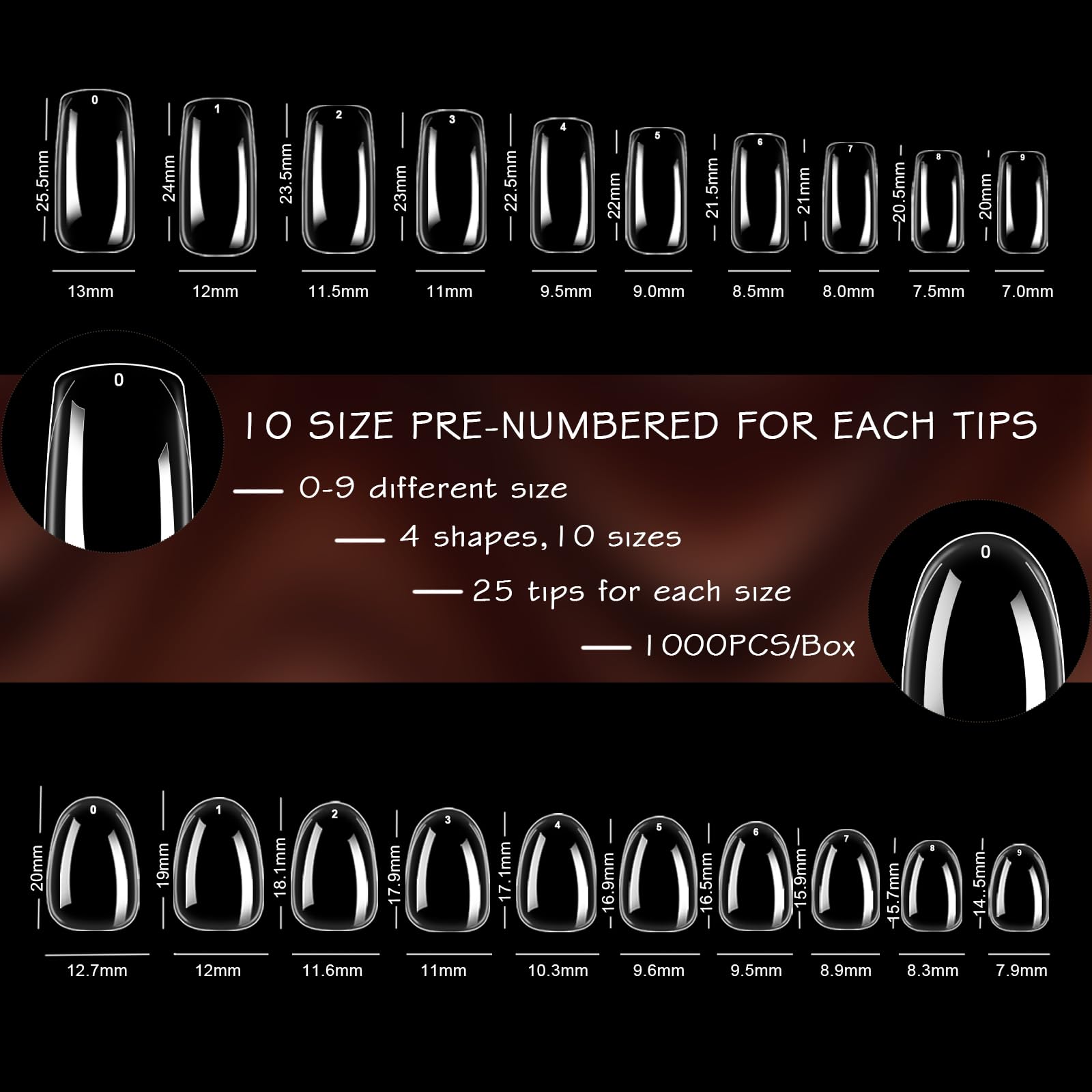 ELLEWIN 1000PCS Nail Tips Clear False Nails Full Cover for Acrylic Nails Kit 10 Sizes 4 Shapes Long Almond Square Coffin Oval Pre-Shape for Salon Home DIY Gifts - Image 7