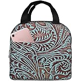 Poacnip Western Country Turquoise Aqua Brown Tooled Leather Pattern Insulated Lunch Bag Portable Reusable Lunch Box Thermal Cooler Tote Bag With Pockets For Women Men Work Office Picnic Travel