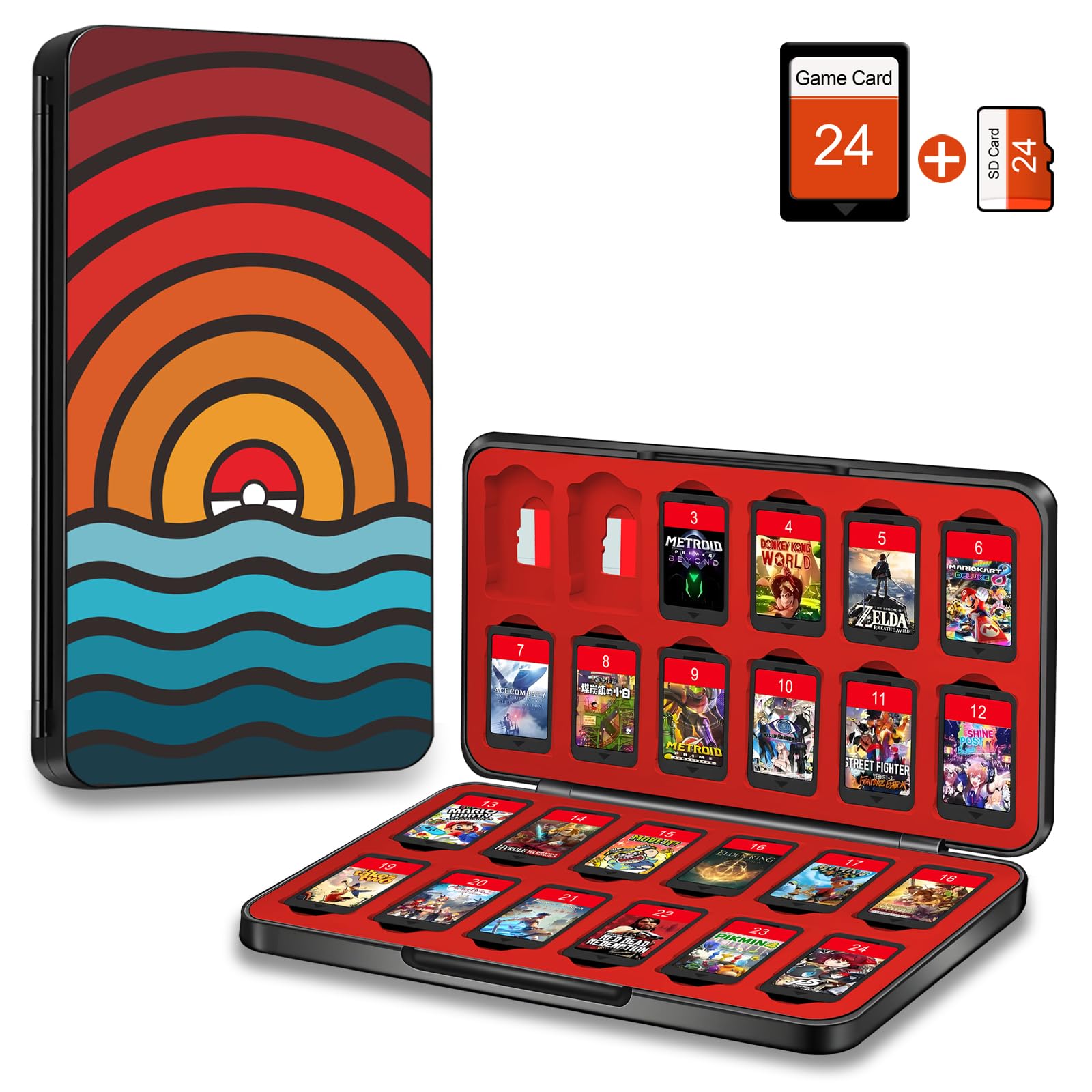 AMOACCESSORIES Switch Game Case for Nintendo Switch/OLED/Lite, Game Card Holder for 24 Game Card Slots 24 Micro SD Card Slots,Storage Slim Carry Portable Accessories Magnetic Closure Sunrise Black
