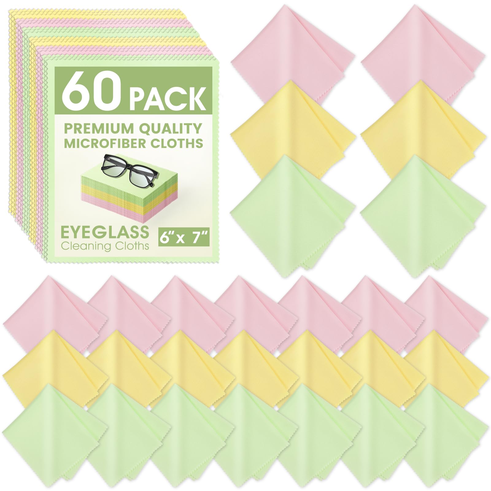Photo 1 of 60-Pack Microfiber Cleaning Cloths for Glasses, 6x7 Inch Premium Lens Cleaning Cloth for Screens, Cameras, Eyeglasses, Cell Phone, LCD TV Screens?Pink?Green?Yellow