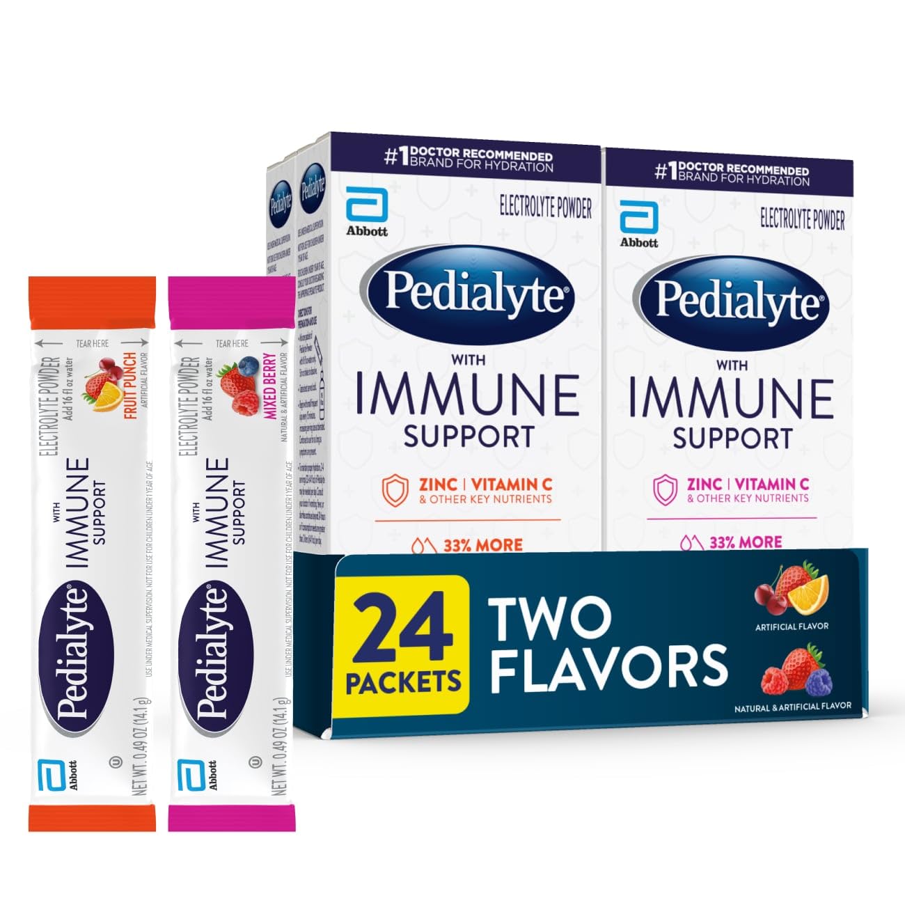 Pedialyte with Immune Support, Electrolyte Drink Powder with Vitamin C and Zinc, Advanced Hydration, Variety Pack: Fruit Punch and Mixed Berry, 24 Powder Packets Image