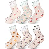 Fourluoo 6 Pairs Little Girl Sheer Socks Cute Ruffle Fruit Kids Lace Crew Frilly Dress Socks for Summer 4-12 Years Old