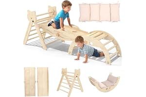 SOINMTY Pikler Triangle Set with Cushion, 8 in 1 Toddler Climbing Toys, Montessori Climbing Set with Arch, Ramp& Ladder, Wood