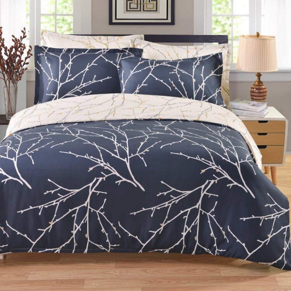 Tree Branch Bedding Branches and Plum Blue Printed Pattern Quvet Cover Double 3 Pieces Bedspread Cover Reversible Ultra Soft Girls Comforter Cover for Women Decorative Bedclothes Zipper