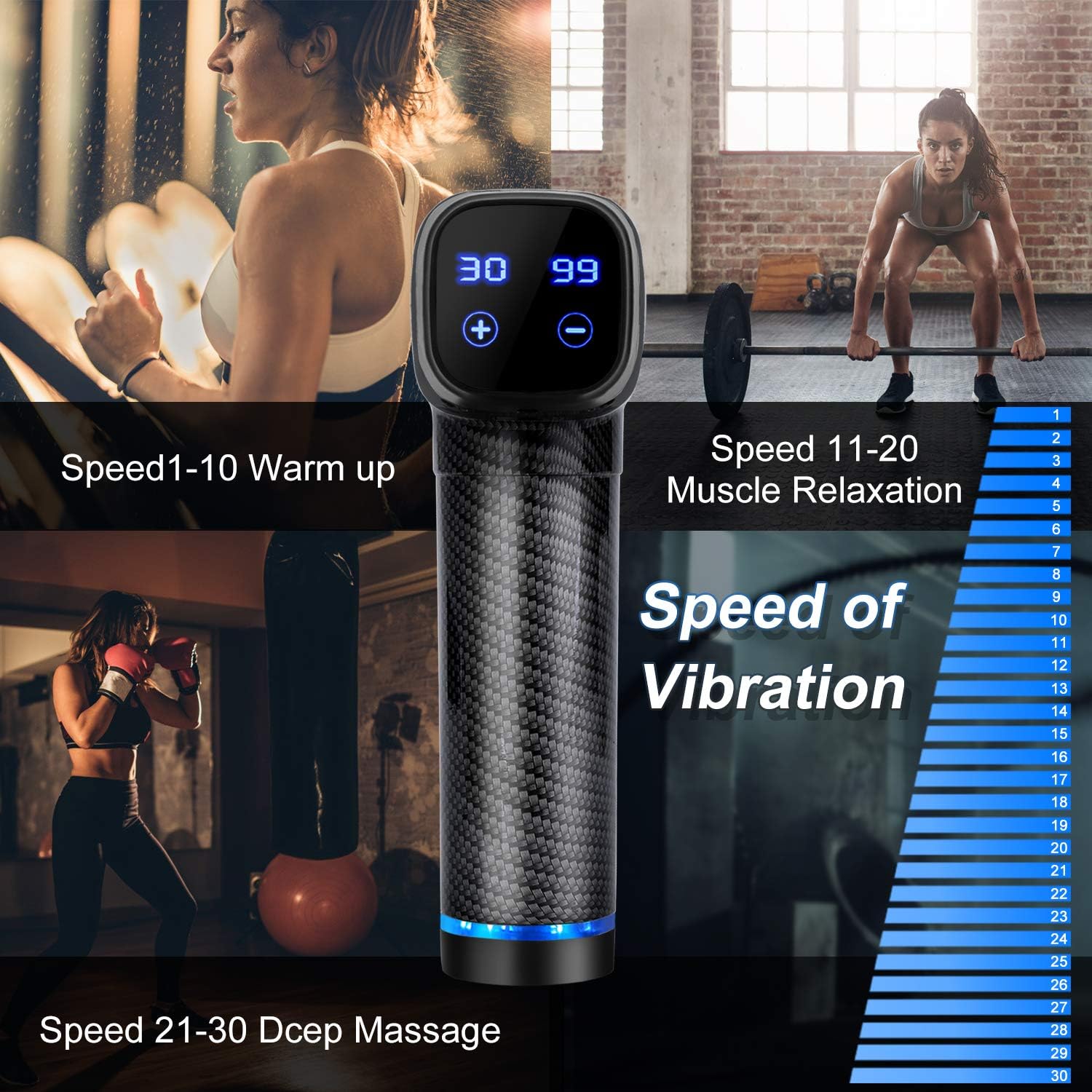 Massage Gun Deep Tissue, Muscle Percussion Back Neck Head Handheld Hammer Massager for for Athletes, Pain Relief, 30 Speed Level, LED Touch Screen, Long Battery Life with 6 Heads: Health & Personal Care