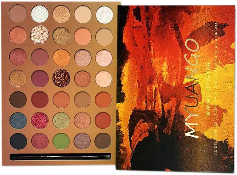MYUANGO Makeup Palette Eyeshadow Highlighter Bronze Metallic Glitters Diamond Matte Shimmers Natural Shades High Pigmented with Eyeshadow Brush Tool Kit Easy to Blend (35 colors)