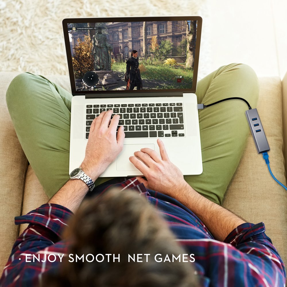 Hub USB 3.0 Ethernet Adaptador 100/1000 Gigabit, NIERBO USB 3.0 a Ethernet RJ45 Adaptador Tarjeta de Red Externa 1000Mbps Ethernet Tarjeta Red LAN RJ45 con 3 USB 3.0 Puertos 5Gbps Nintendo Switch,Adaptador USB C para Mac, Chromebook, Window