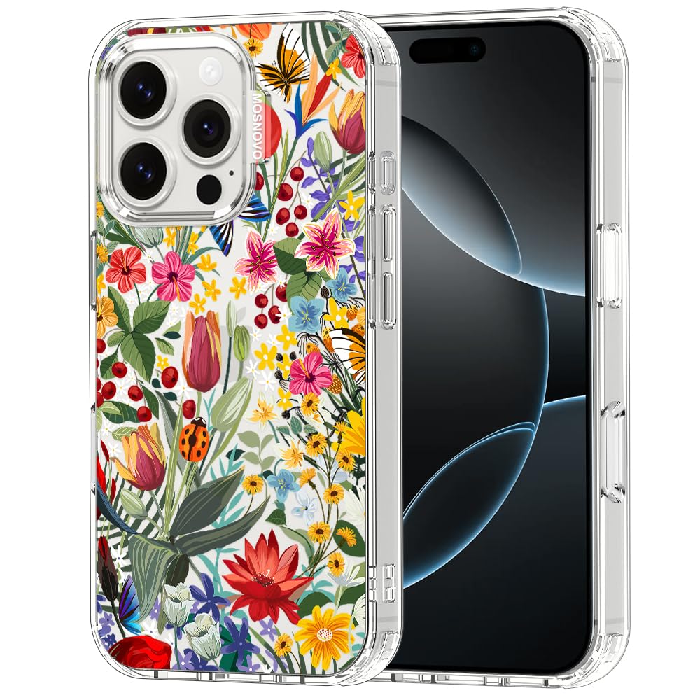 MOSNOVO Case for iPhone 16 Pro, [Buffertech 6.6ft Military-Grade Drop Protection] [Anti Peel Off Tech] Clear TPU Bumper Phone Case Cover Design - In The Garden