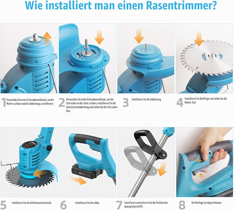 Rasentrimmer mit Akku 21V, Freischneider mit 2 Akkus 2.0Ah, 2 Arten von Metal Klingen Akku Rasentrimmer, Gartenschere, Verstellbarer Griff für Rasen Garten Beschneiden, Blau (Blau)