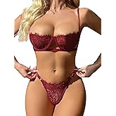 Dlsave Sexy Lingerie for Women Eyelash Lace Mesh Matching Bra and Panty Sets Push Up Lace Bralette 2 Piece Lingerie Set