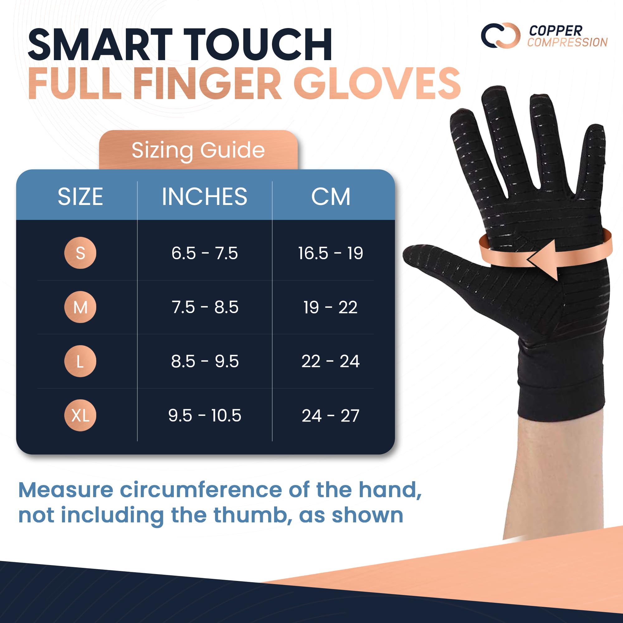 Copper Compression Full Finger Arthritis Gloves - Palm Grips - Touch Screen Fingertips - Compression Support for Carpal Tunnel, Pain Relief, Tendonitis - Fits Men & Women - 1 Pair - M