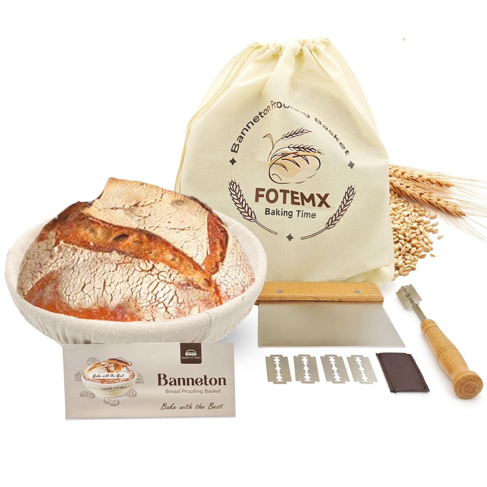 FOTEMIX Sourdough Proving Basket Kit, Natural Rattan Round Banneton Proofing Basket with Bread Lame, Dough Scraper, Cloth Liner, 9 inch Round