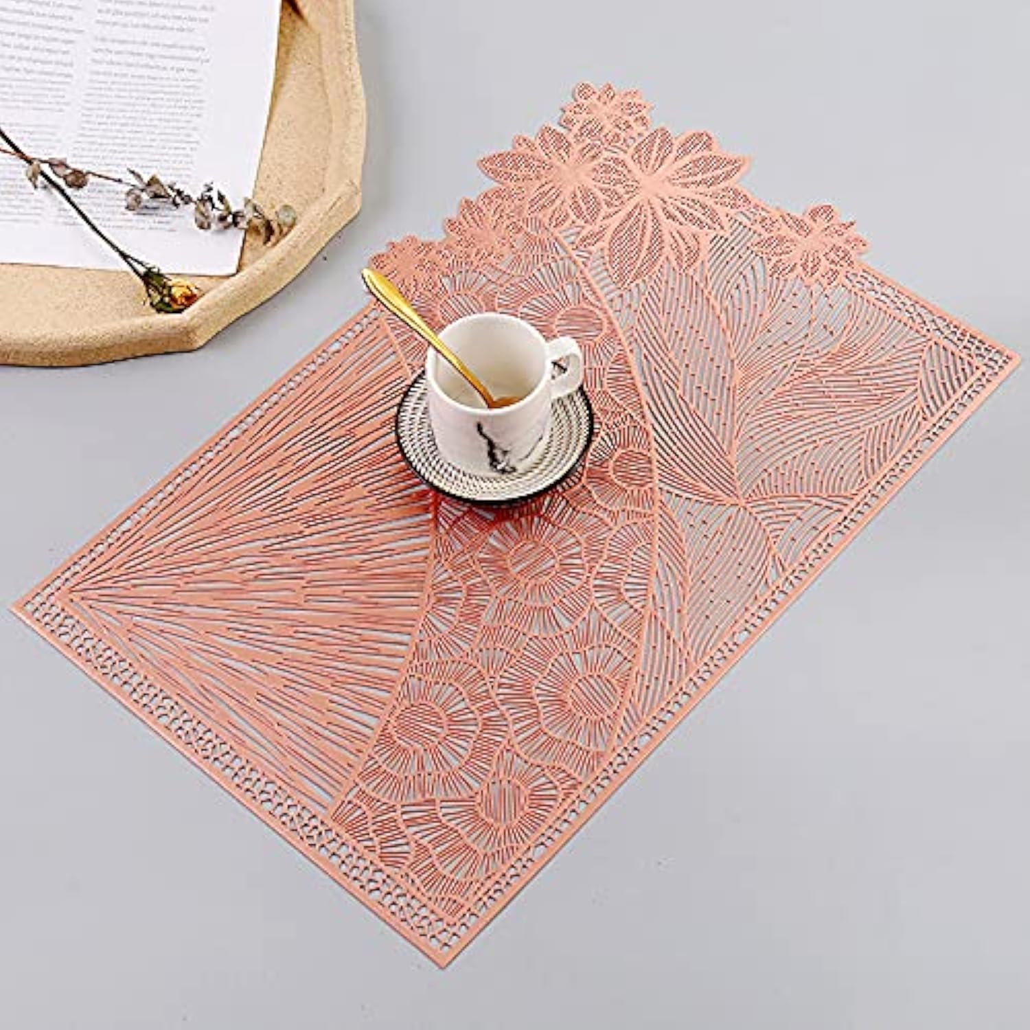 Hosoncovy 4 Pack Decorative Rectangle Placemats PVC Heat Resistant Non-slip Dining Placemats Leaf Flower Rose Gold