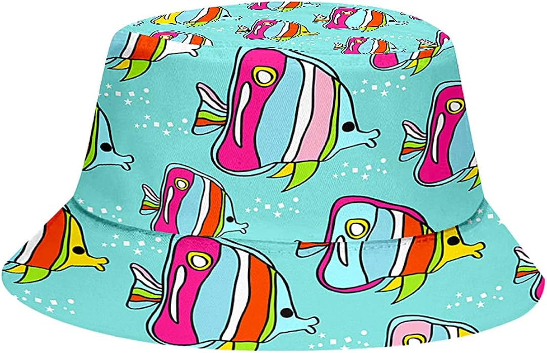 Multifit Packable Cotton Fish Print Bucket Hat Fisherman Cap Summer