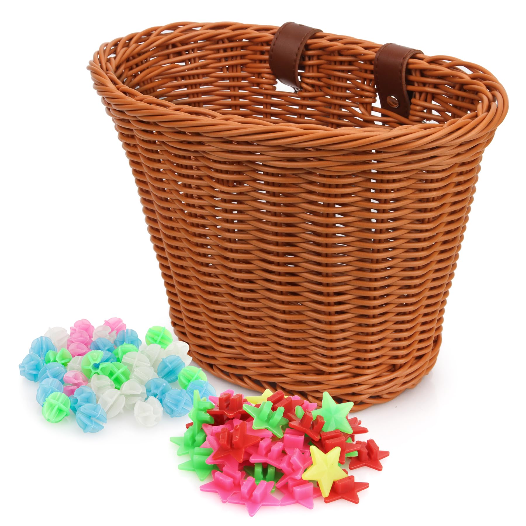 Spesh Kids Bike Basket, Wicker Basket for Kids Bike Boys Girls Bike Baskets Front with 72 Pcs Bike Spoke Beads Bicycle Accessories for Kids Bike(Brown)