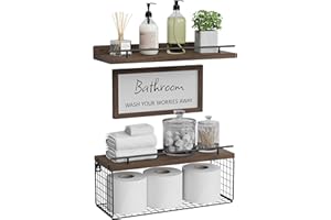 WOPITUES Floating Shelves for Bathroom Wall Decor Sign, Bathroom Organizers and Storage, Bathroom Shelves Over Toilet with Metal Guardrail-Rustic Brown