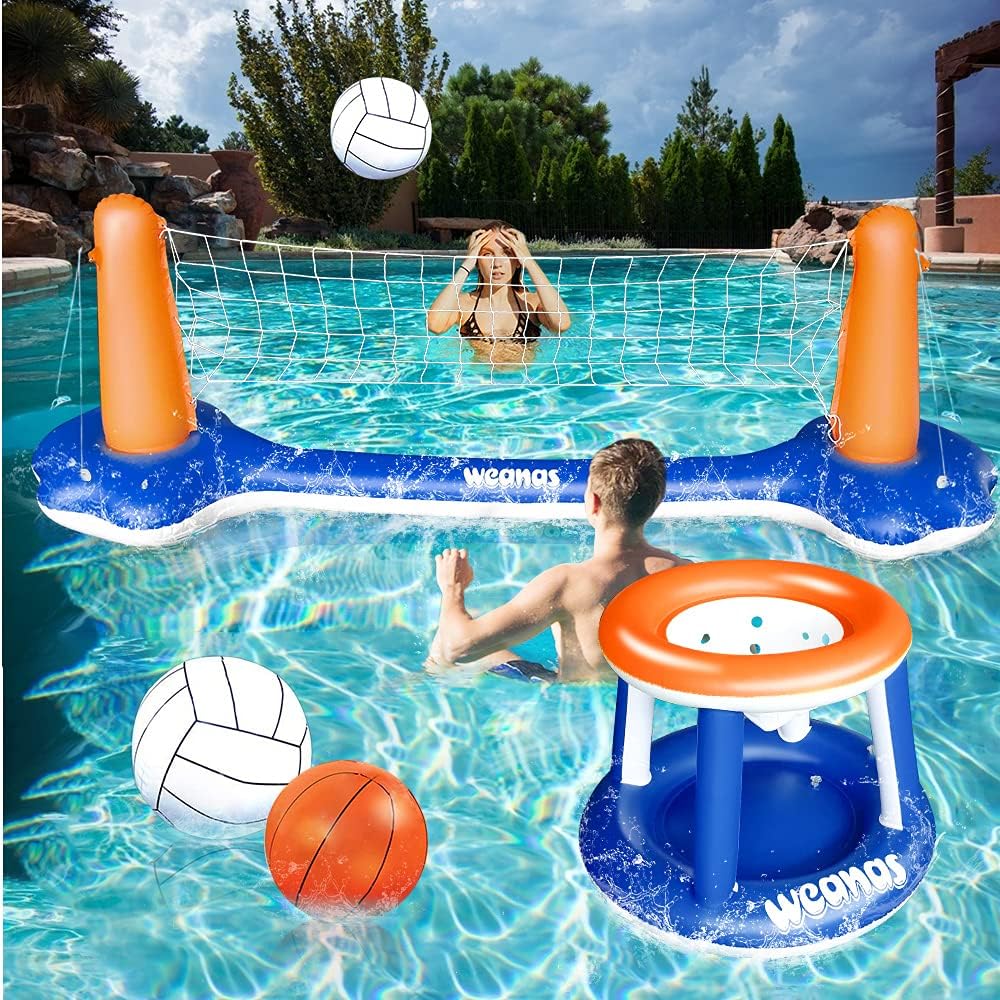 Weanas Floating Volleyball Set, Inflatable Pool Float Set Volleyball Net & Basketball Hoops Pool Swimming Game Toys for Kids and Adults: Sports & Outdoors