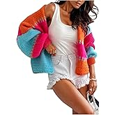 LKOUS Women's Chunky Knit Cardigan Long Lantern Sleeve Color Block Cropped Oversized Open Front Sweaters Coat Outerwear