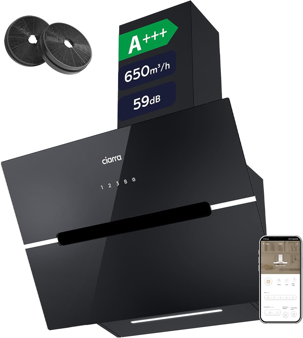 CIARRA CBCB6736F WIFI Angled Cooker Hood 60cm Black with CBCF003 Filters