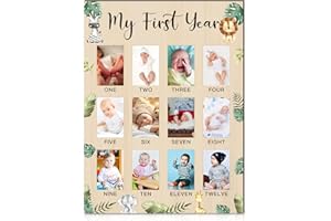 COLINGMILL My First Year Photo Display Board Wooden Baby Picture Frame 12 Months Newborn Photo Board First Birthday Nursery Decorations Gifts for Boys My First Year Jungle Baby Keepsake Board for Boys Girls