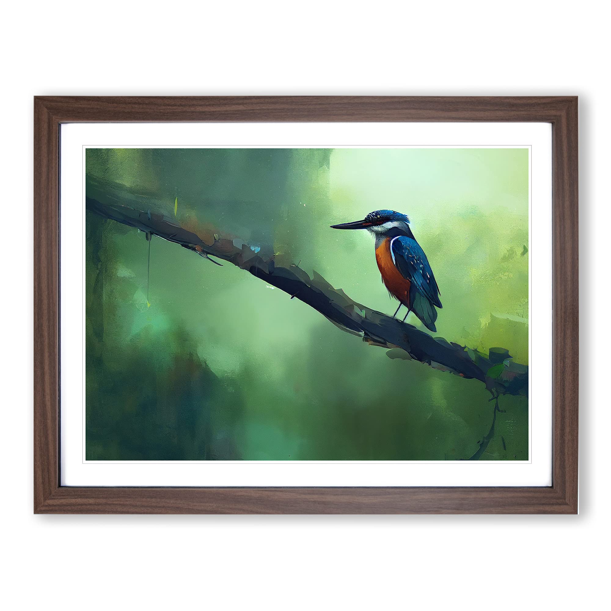 Kingfisher Bird Art Painting Vol.6 Framed Print | A4 Walnut Framed Wall Art | Ready to Hang | Modern Historical Picture | Living Room Bedroom Lounge Office