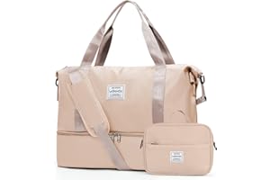 VECAVE Travel Duffel Bags with USB port,Weekender Bags for Women,Waterproof Overnight Bag with Toiletry Bag,Sport Gym Tote Bag with Wet Pocket and Shoes Compartment, Carry On Bag for Airplanes, Beige