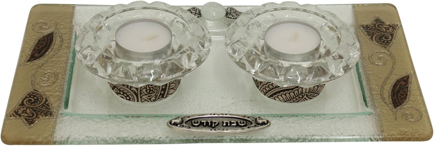 Lily Art Glass Appliquéd Brown Tea Light Candle Holders And Tray