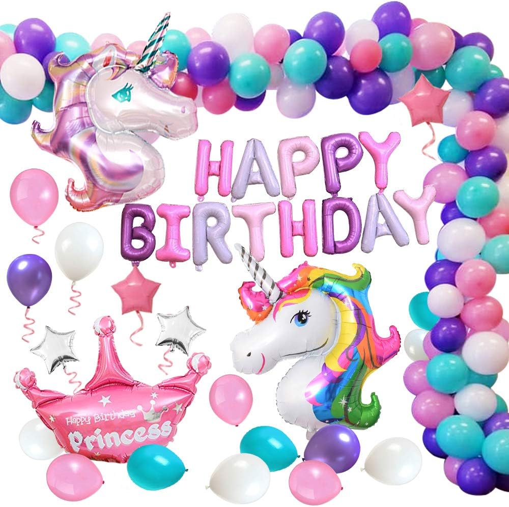 MMTX Birthday Party Decorations Supplies for Girls, Huge Unicorn Balloon,Happy Birthday Banner,Helium Foil Star,Crown and Latex Ballons for Infant Girl Boy Lady Birthday Party,Wedding 60 pcs