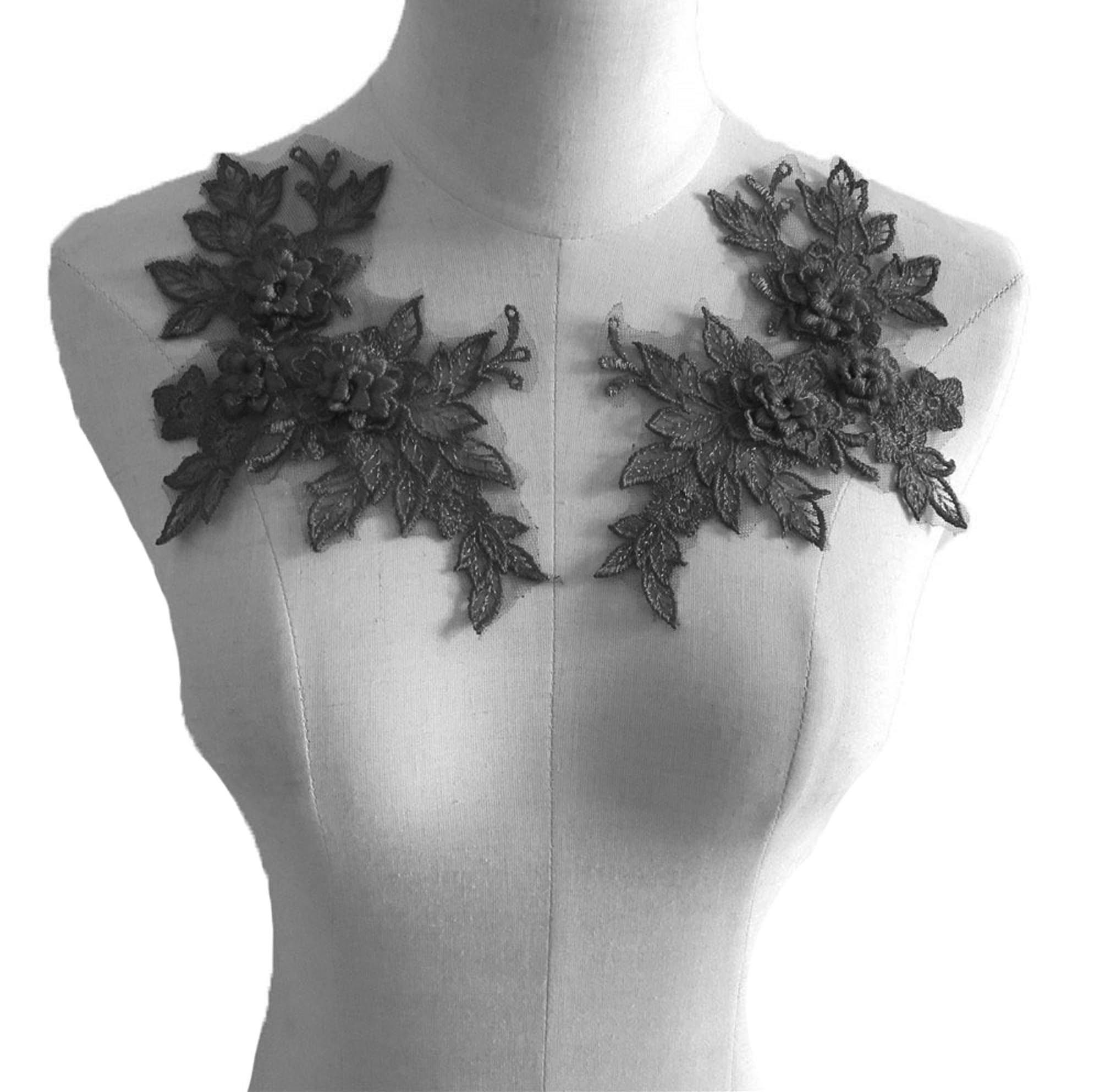 2 Pieces x 3D Lace Applique Motifs Flower Patch Mesh Sew on #5 (Black)