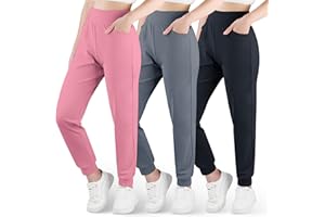 BIG ELEPHANT 3 Pack Girls Joggers with Pockets, High Waisted Kids Athletic Pants for Yoga Running