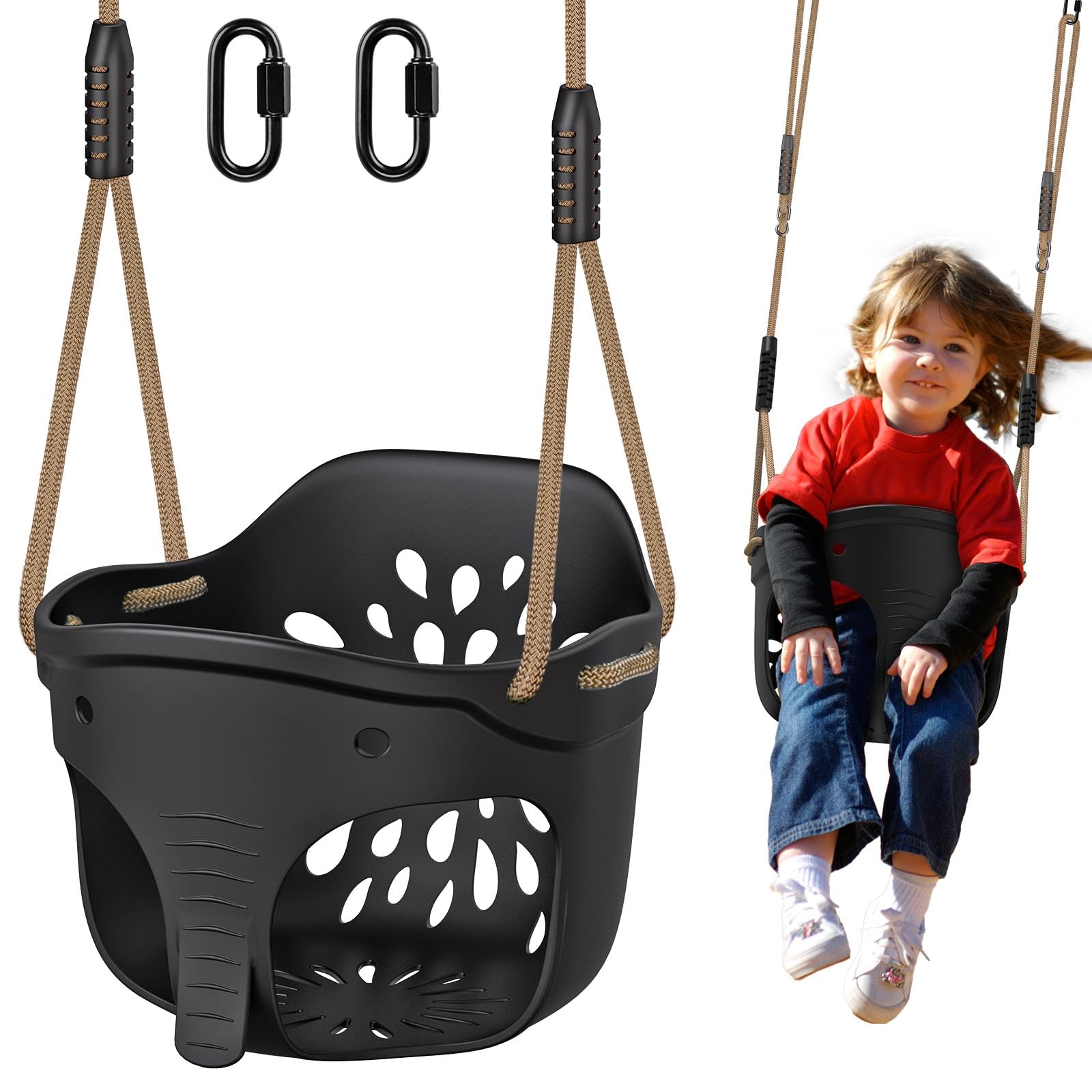 Dolibest Heavy Duty High Back Full Bucket Toddler Swing Seat, Toddler Bucket Swing with Locking Carabiners & Adjustable Rope, Cute Elephant Shape Design for Outdoor Playset, 600LB (Black)