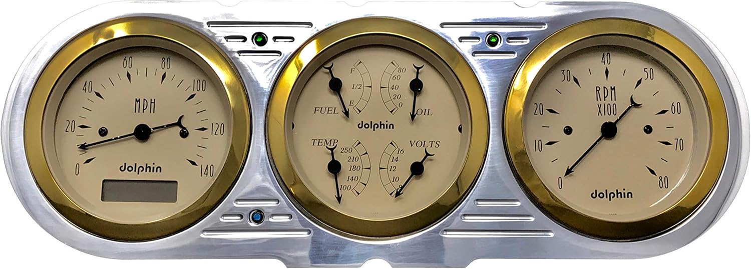 Dolphin Gauges 1963 1964 1965 Nova 3 Gauge Quad Style Programmable Dash Panel Insert Gold Bezel
