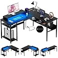 Unikito Reversible L Shaped Desk with Magic Power Outlets and Smart LED Light, Sturdy Corner Computer Desk with Monitor Stand & Storage Shelves, Gaming Table Home Office Desk, Easy Assembly, Black