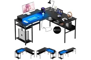 Unikito Reversible L Shaped Desk with Magic Power Outlets and Smart LED Light, Sturdy Corner Computer Desk with Monitor Stand & Storage Shelves, Gaming Table Home Office Desk, Easy Assembly, Black