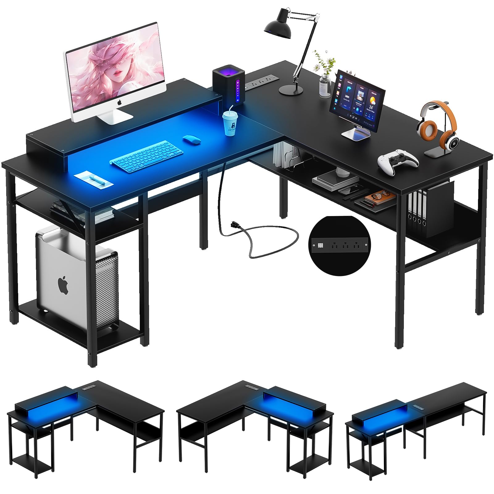 Photo 1 of Unikito Reversible L Shaped Desk with Magic Power Outlets and Smart LED Light, Sturdy Corner Computer Desk with Monitor Stand & Storage Shelves, Gaming Table Home Office Desk, Easy Assembly, Black