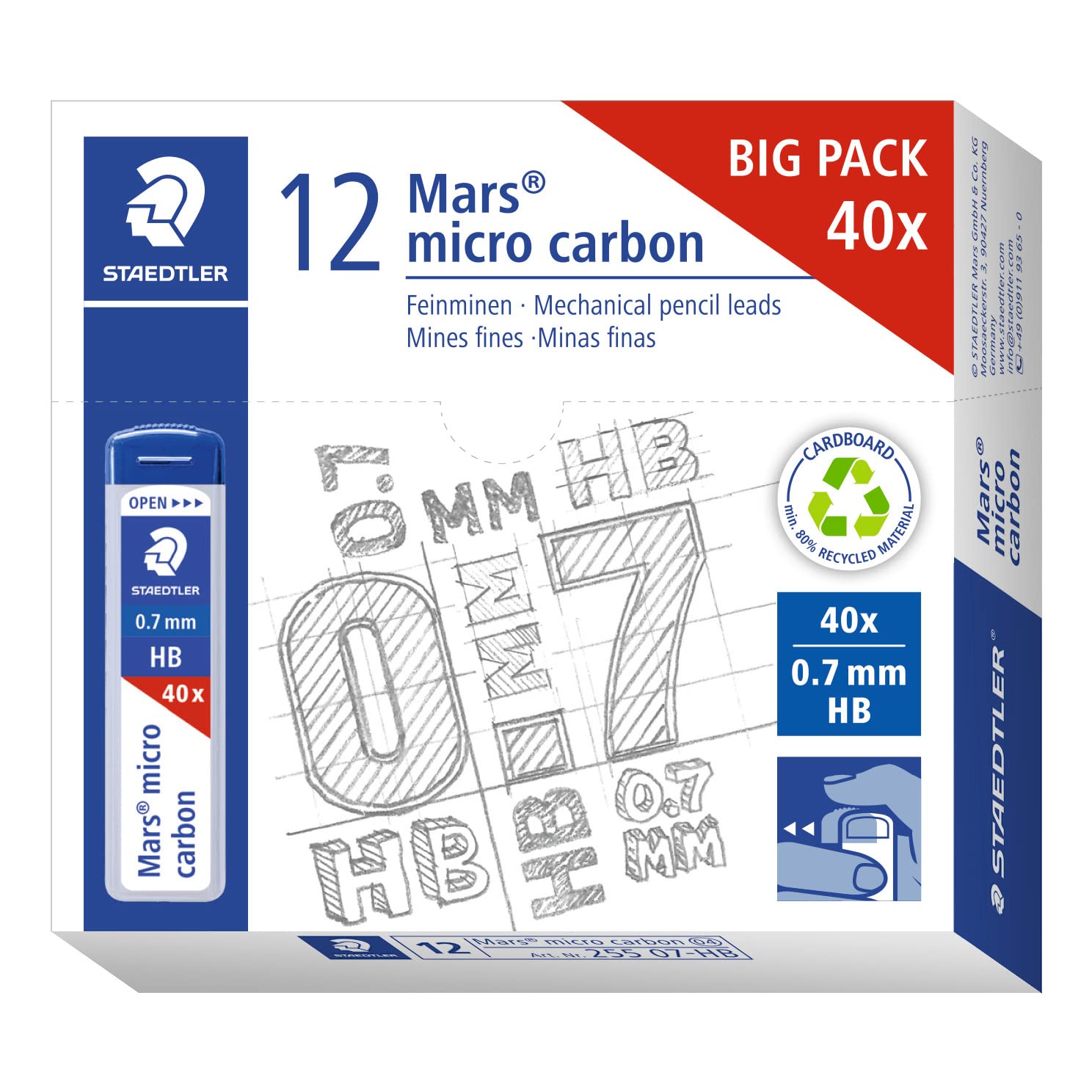 STAEDTLER 255 07-HB Mars Micro Refill Leads for Mechanical Pencils - HB, 0.7mm (Box of 12 x Tubes of 40 Leads)