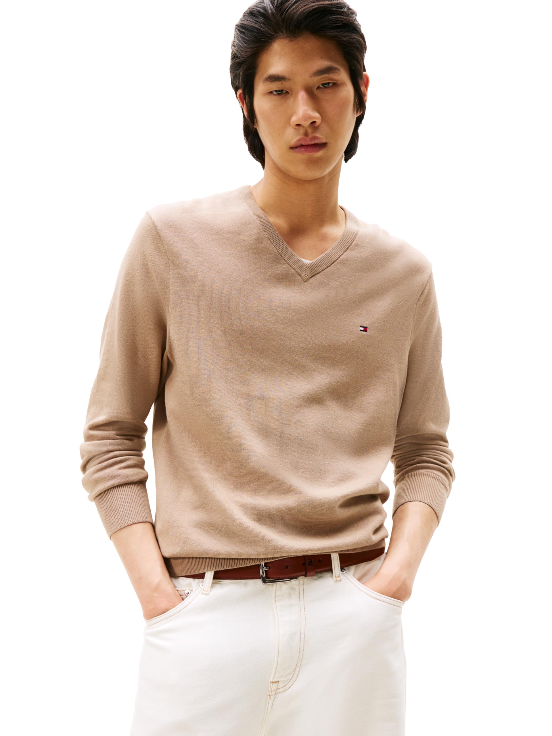 Tommy Hilfiger Men’s Cotton V Neck Sweater, Coastal Taupe Medium