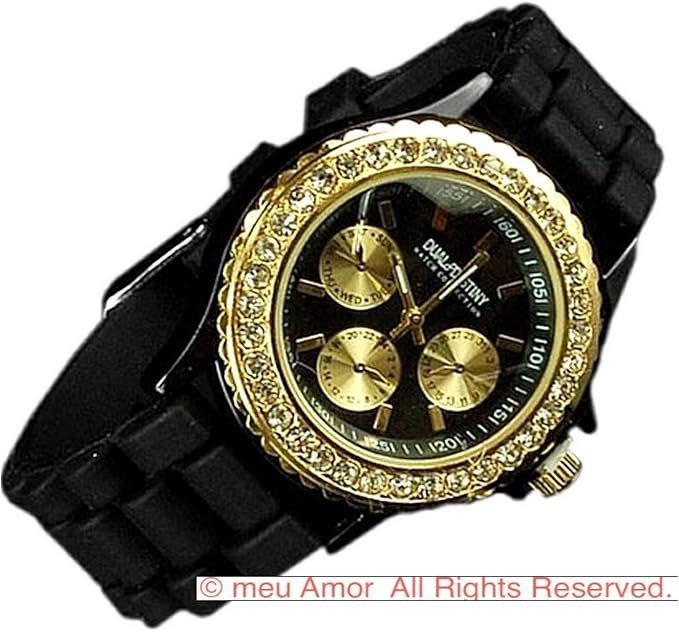 Amazon Meu Amor 腕時計 ビビットカラー レディース メンズ カラフル シリコンラバー トラディショナル フェイス パステルカラー ビビットカラー ファッション腕時計 Czダイヤモンド ブラック ゴールド メンズ腕時計 腕時計 通販