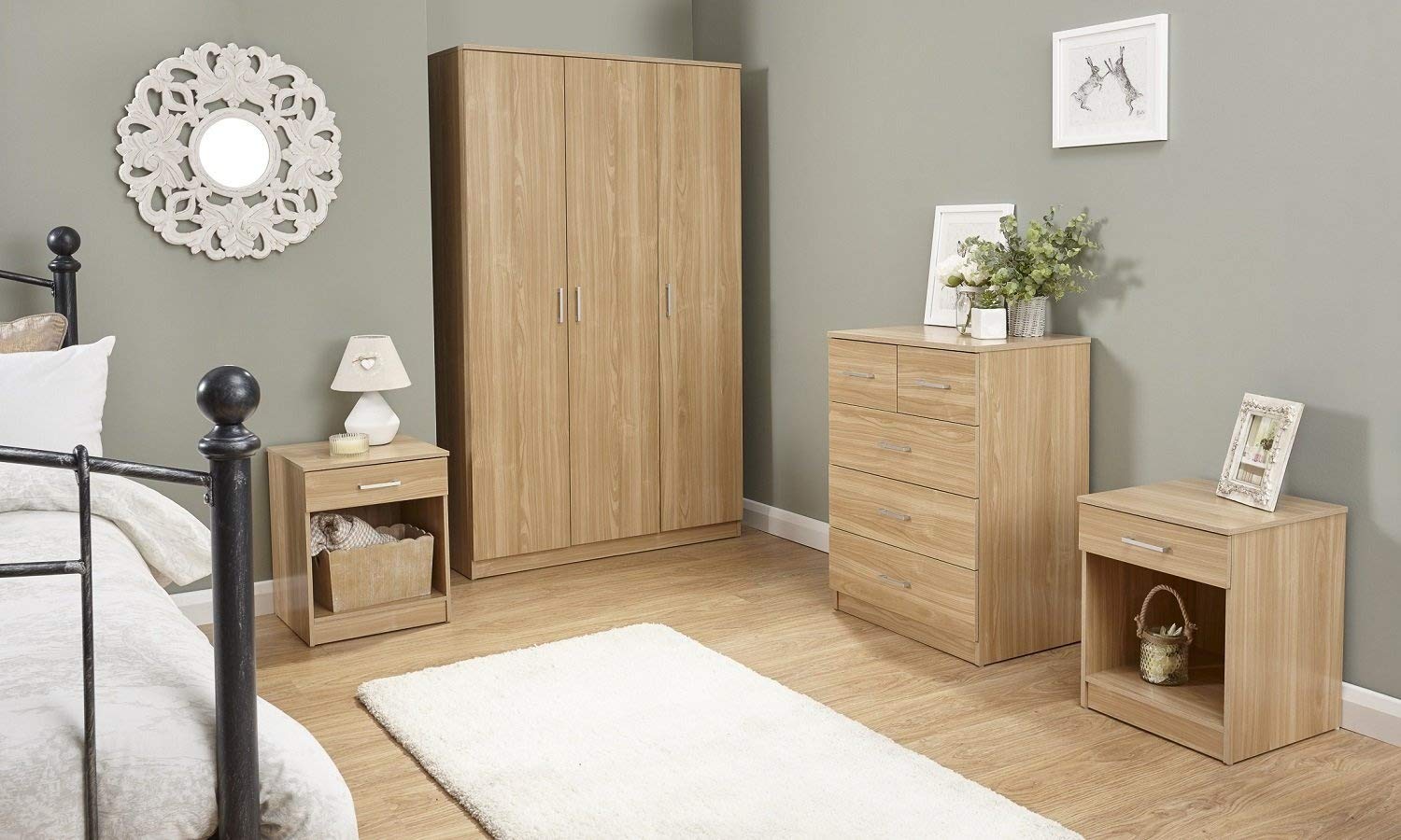 Home Source 4 Piece Bedroom Wooden Furniture Sets - Wardrobe, Chest, Bedside - Oak