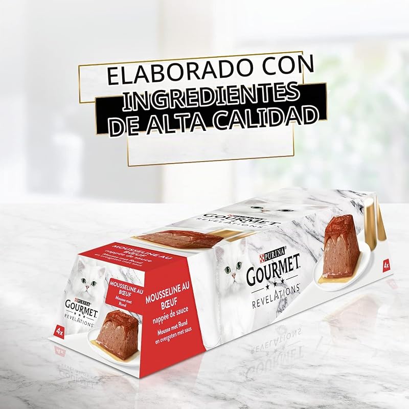 Mousse Gourmet PURINA Gourmet Revelations, ração húmida para gatos em molho, frango e vaca, 48 unidades (48 x 57 g)
