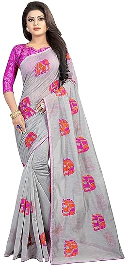 Hasti Womens Chanderi Cotton Elephant Embroidery Work Turquoise Blue Color Saree With Jacquard Work Blouse Piece (Grey)
