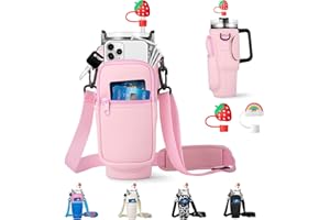 RRegeny Water Bottle Carrier Bag with Phone Pocket for Stanley 40oz Tumbler with Handle Neoprene Water Bottle Holder Pouch with Adjustable Strap Bollus with Straw Cover & Carabiner for Stanley