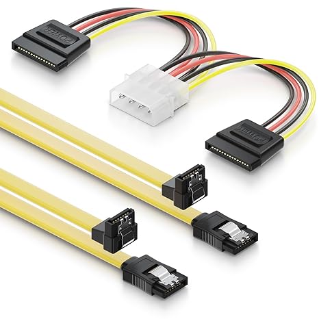 deleyCON SATA Kabel Set 2x 0,5m S-ATA 3 Kabel + 4pin zu 2x SATA Stromadapter - HDD SSD Datenkabel mit Clip - 1x Stecker gerad