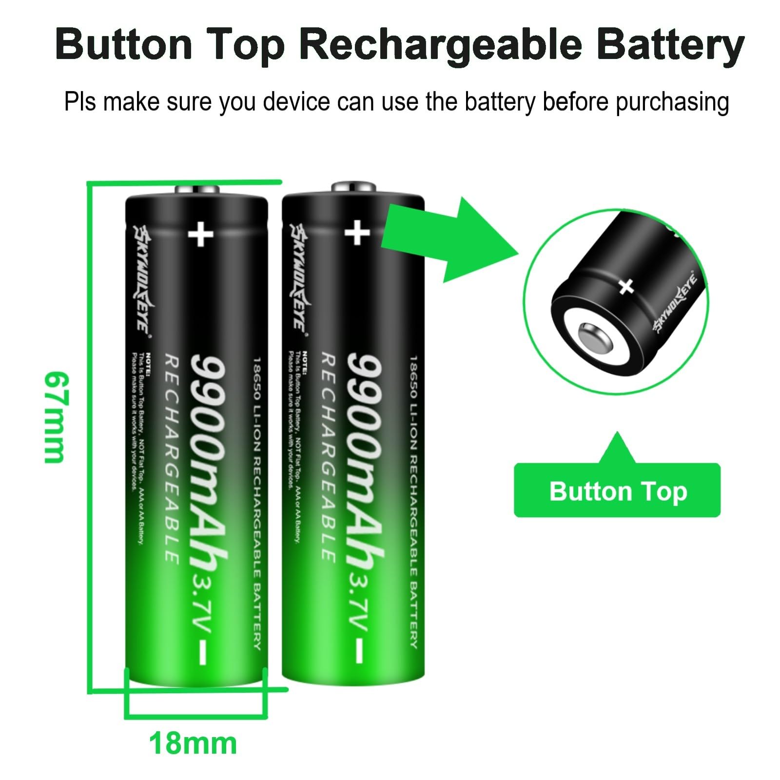 2 Pack 18650 Rechargeable Battery 3.7v Batteries 18650 Rechargeable Battery Lithium 3.7 Volt Button Top for Flashlights, Headlamp etc