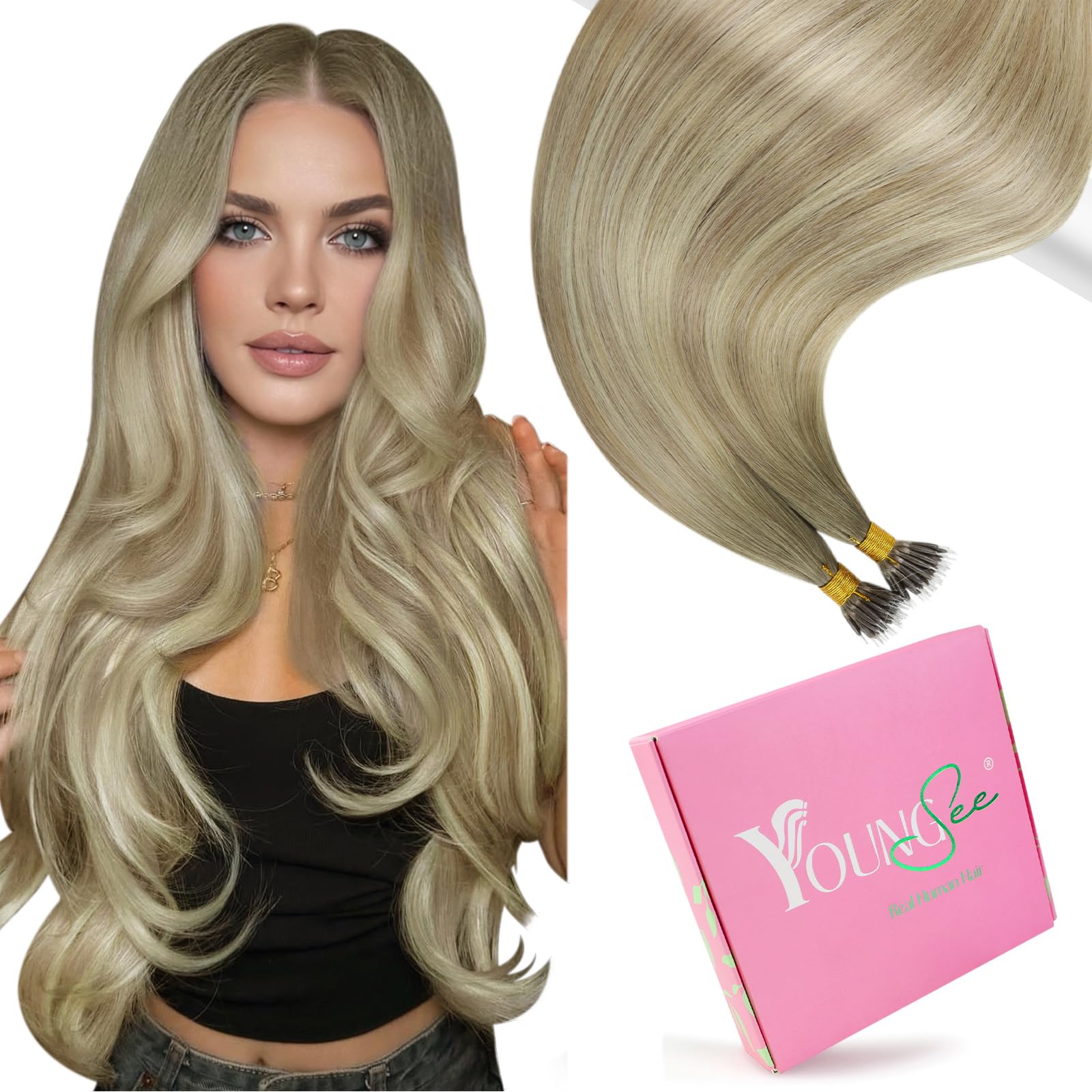 YoungSee Nano Ring Hair Extensions Blonde 22 inch Nanobead Hair Extensions Balayage Ash Blonde Ombre Platinum Blonde Human Hair Nano Extensions for Girls Cold Fusion Long Straight 50g 50s — image 1