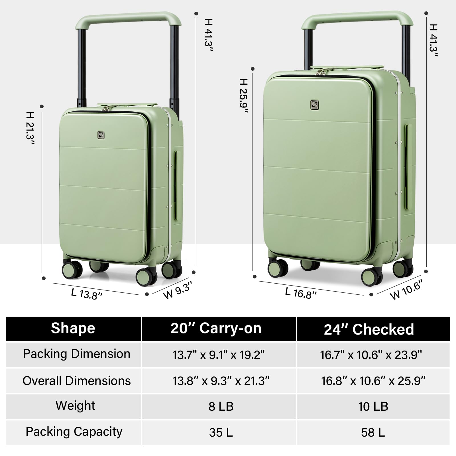 Hanke Top Opening Carry On Luggage, 20 Inch Zipperless Aluminum Frame Wide Handle Luggage, All-PC Hard Shell Trunk Suitcase with Spinner Wheels, TSA Airline Approved (Bamboo Green, 40L)