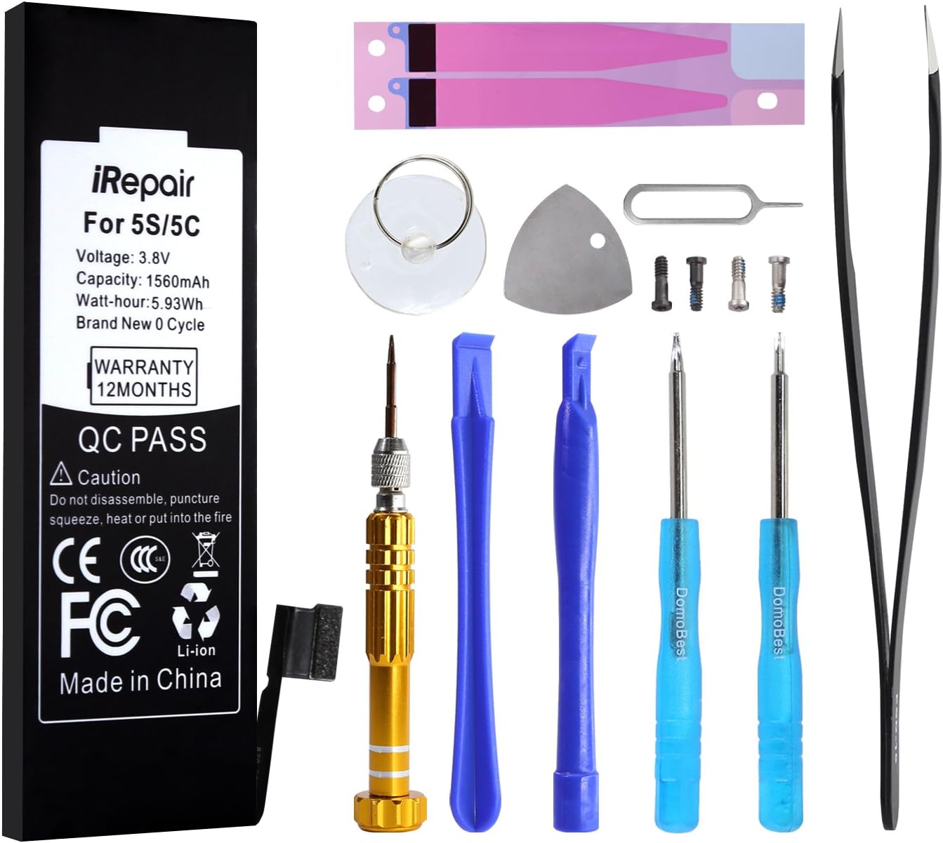 iRepair Battery Model iP5S&5C(No 5G) -Battery Replacement Kit with Free Tools Kit,Battery Adhesive &Repair Guide Included-Zero Cycle,1560mAh-3.8V,Easy for Men and Women